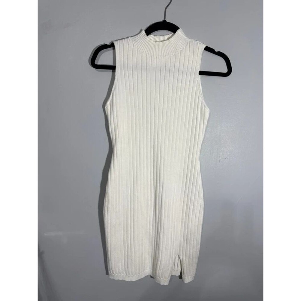 SHEIN Small Ivory Ribbed Knit Sleeveless Mock Neck Mini Dress